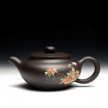 【平盖古壶】宜兴紫砂茗壶 丁小明紫砂壶作品 原矿黑泥  泥绘紫砂壶