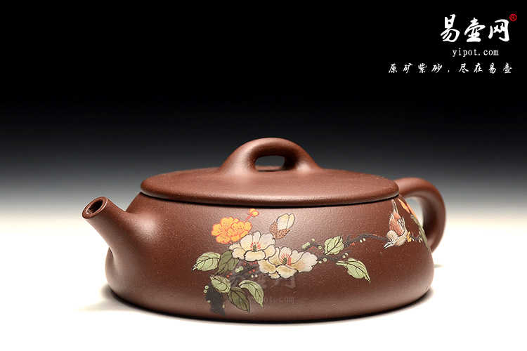 宜兴紫砂壶，丁小明老师泥绘紫砂壶，宽口石瓢壶图片