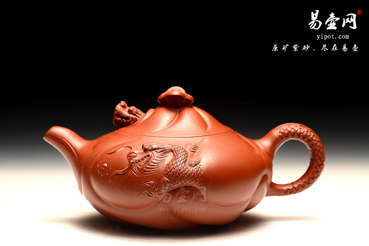 宜兴高档紫砂壶，杨立平老师鱼化龙紫砂壶图片，朱泥鱼化龙茶具