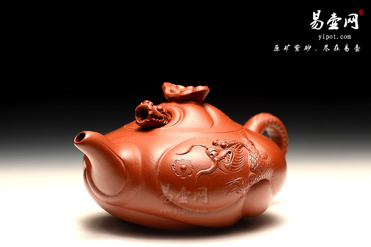宜兴高档紫砂壶，杨立平老师鱼化龙紫砂壶图片，朱泥鱼化龙茶具